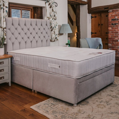 Ruby Memory Foam Orthopaedic Sprung Divan Bed Set 3FT Single 2 Drawers Side - Plush Light Silver