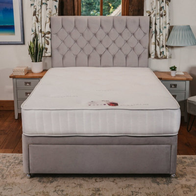 Ruby Memory Foam Orthopaedic Sprung Divan Bed Set 3FT Single 2 Drawers Side - Plush Light Silver