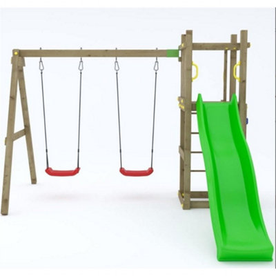 Rumble Ridge Wooden Climbing Frame Rock Wall with Double Swing & Slide