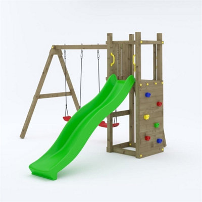 Rumble Ridge Wooden Climbing Frame Rock Wall with Double Swing & Slide