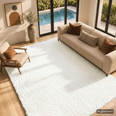 RUNA Shaggy Modern Plush Pile Light Beige/Ivory Area Rug 160 x 213 cm