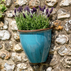 Running Glaze Design Wall Planter - Weather Resistant Lightweight Recycled Plastic Garden Plant Pot with Drainage Hole - Aqua