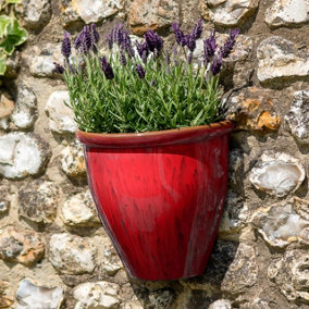 Running Glaze Design Wall Planter - Weather Resistant Lightweight Recycled Plastic Garden Plant Pot with Drainage Hole - Red