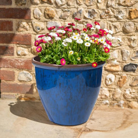 Running Glaze Planter - Weather Resistant Lightweight Colourful Recycled Plastic Garden Flower Plant Pot - Blue, H28 x 31cm Dia