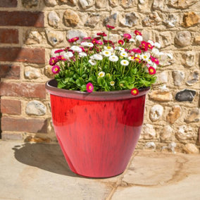Running Glaze Planter - Weather Resistant Lightweight Colourful Recycled Plastic Garden Flower Plant Pot - Red, H43 x 48cm Dia