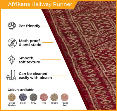 runrug Carpet Runner - Long Hallway Runner - 180cm x 70cm - Afrikans, Red