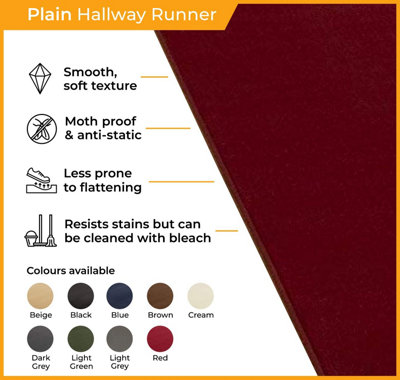 runrug Carpet Runner - Long Hallway Runner - 180cm x 70cm - Plain, Red