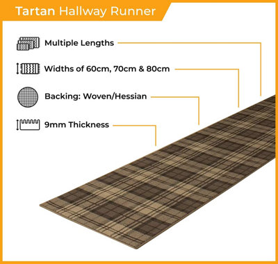 runrug Carpet Runner - Long Hallway Runner - 180cm x 70cm - Tartan, Brown