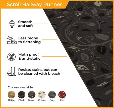 runrug Carpet Runner - Long Hallway Runner - 210cm x 60cm - Scroll, Grey