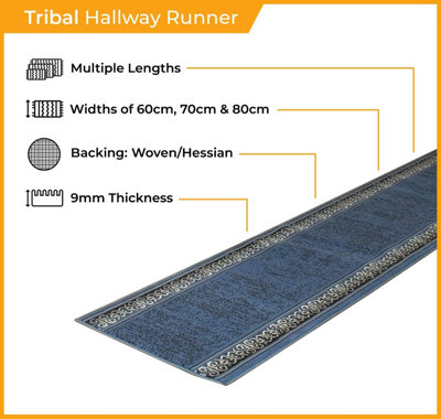 runrug Carpet Runner - Long Hallway Runner - 300cm x 70cm - Tribal, Blue