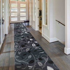 runrug Carpet Runner - Long Hallway Runner - 360cm x 70cm - Scroll, Grey