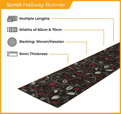 runrug Carpet Runner - Long Hallway Runner - 600cm x 60cm - Scroll, Red