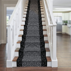 runrug Stair Carpet Runner - Stain Resistant - 450cm x 60cm - Baroque, Black