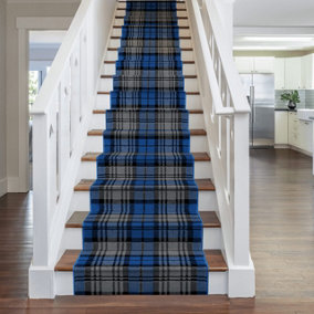 runrug Stair Carpet Runner - Stain Resistant - 480cm x 60cm - Tartan, Blue