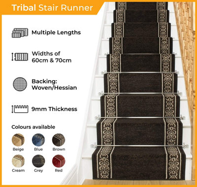 runrug Stair Carpet Runner - Stain Resistant - 510cm x 60cm - Tribal, Beige