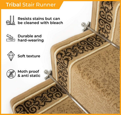 runrug Stair Carpet Runner - Stain Resistant - 510cm x 60cm - Tribal, Beige