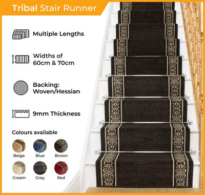 runrug Stair Carpet Runner - Stain Resistant - 540cm x 60cm - Tribal, Beige