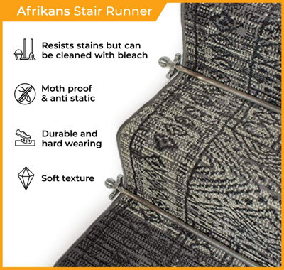 runrug Stair Carpet Runner - Stain Resistant - 570cm x 70cm - Afrikans, Black