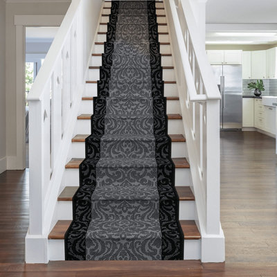 runrug Stair Carpet Runner - Stain Resistant - 660cm x 70cm - Baroque, Black