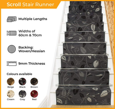 runrug Stair Carpet Runner - Stain Resistant - 660cm x 70cm - Scroll, Grey