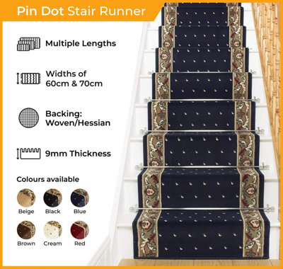 runrug Stair Carpet Runner - Stain Resistant - 690cm x 70cm - Pin, Blue
