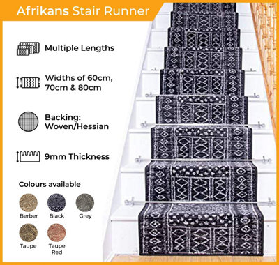 runrug Stair Carpet Runner - Stain Resistant - 720cm x 60cm - Afrikans, Black