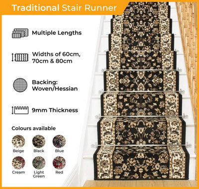 runrug Stair Carpet Runner - Stain Resistant - 720cm x 60cm - Persian, Green