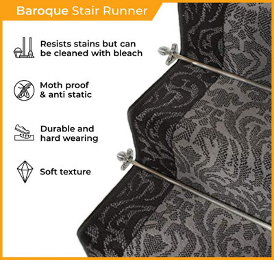 runrug Stair Carpet Runner - Stain Resistant - 750cm x 70cm - Baroque, Grey