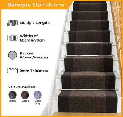 runrug Stair Carpet Runner - Stain Resistant - 870cm x 70cm - Baroque, Ivory