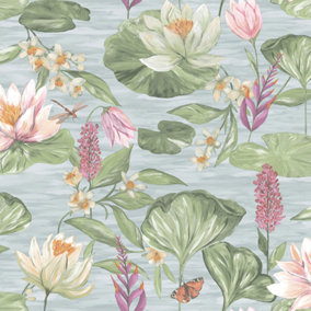 Rural Paradise Lily Pad Wallpaper Blue Holden 13620