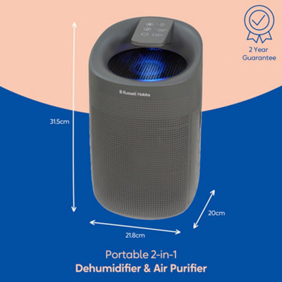 Russell Hobbs Dehumidifier and Air Purifier Fresh Air Pro Compact Ozone Free 750ml/day Grey RHDH1101G