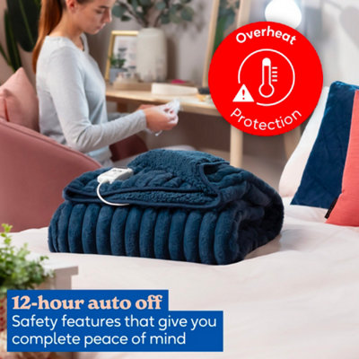 Russell Hobbs Electric Blanket Blue Heated Throw Faux Fur Sherpa
