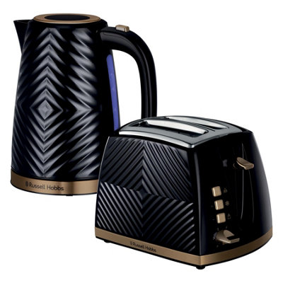 Russell Hobbs Groove 2 Slice Toaster Kettle Set Black Gold