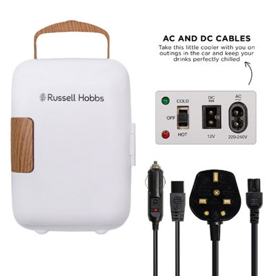 Russell Hobbs Mini Cooler 4L 6 Cans Portable Drinks and Cosmetics Scandi White & Wood Effect RH4CLR1001SCW