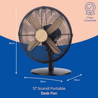 Russell Hobbs Scandi Desk Fan 12 Inch Black and Wood Effect RHMDF1201WDB