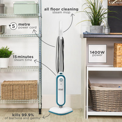 Russell Hobbs Steam Mop with 2 Microfibre Pads White and Aqua RHSM1001-G