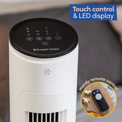Russell Hobbs Tower Fan with Remote Control 1m Height 3 Speed Settings Oscillating 32W White RHTWR3S