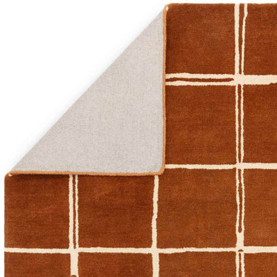 Rust Chequered Wool Modern Shaggy Handmade Rug For Living Room Bedroom ...