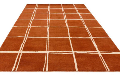 Rust Chequered Wool Modern Shaggy Handmade Rug For Living Room Bedroom ...