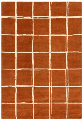 Rust Chequered Wool Modern Shaggy Handmade Rug For Living Room Bedroom ...