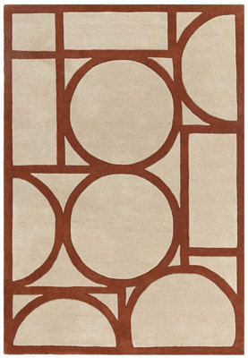 Rust Geometric Wool Bordered Geometric Rug For Bedroom & Living Room ...