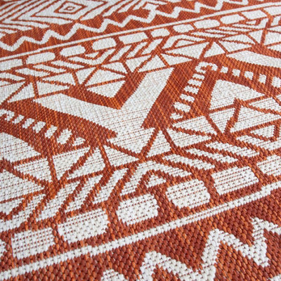 Rust Orange Aztec Tribal Flatweave Indoor Outdoor Rug 80x150cm