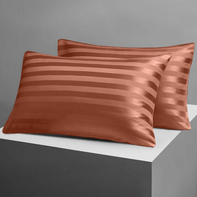 RUST PILLOWCASE LUXURY CASES MICROFIBER HOUSEWIFE STRIPE PILLOW COVER PAIR