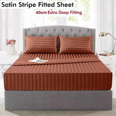 Rust Stripe Fitted Sheet Single Double King S. King Sizes Bedroom Extra Deep 40 CM Smooth & Breathable Bed Sheets