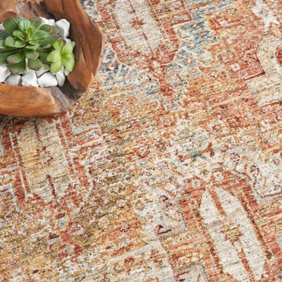 Rust Traditional Bordered Geometric Easy to clean Rug for Dining Room Bed Room and Living Room-160cm X 234cm - 4