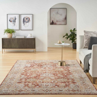 Rust Traditional Rug, 5mm Thick Anti-Shed Bordered Geometric Rug ...
