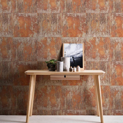 Rusted Panel Effect Wallpaper AS Creation Orange Industrial Paste The Wall Vinyl
