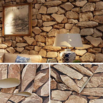 Rustic 3D Natural Stone Brick Effect Washable Wallpaper