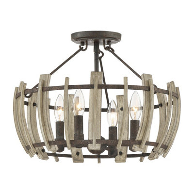 Rustic 4 Bulb Semi-Flush Mount Light with Black Frame and Faux Wood Design