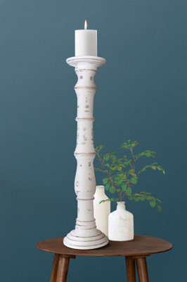 Rustic Antique Carved Wooden Pillar Church Candle Holder Antique White